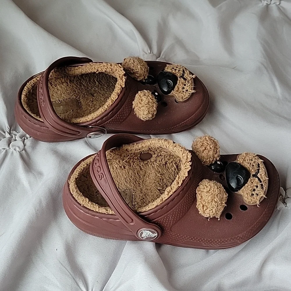 CROCS Kids Brown Fuzzy-Lined Clog with Puppy Charm